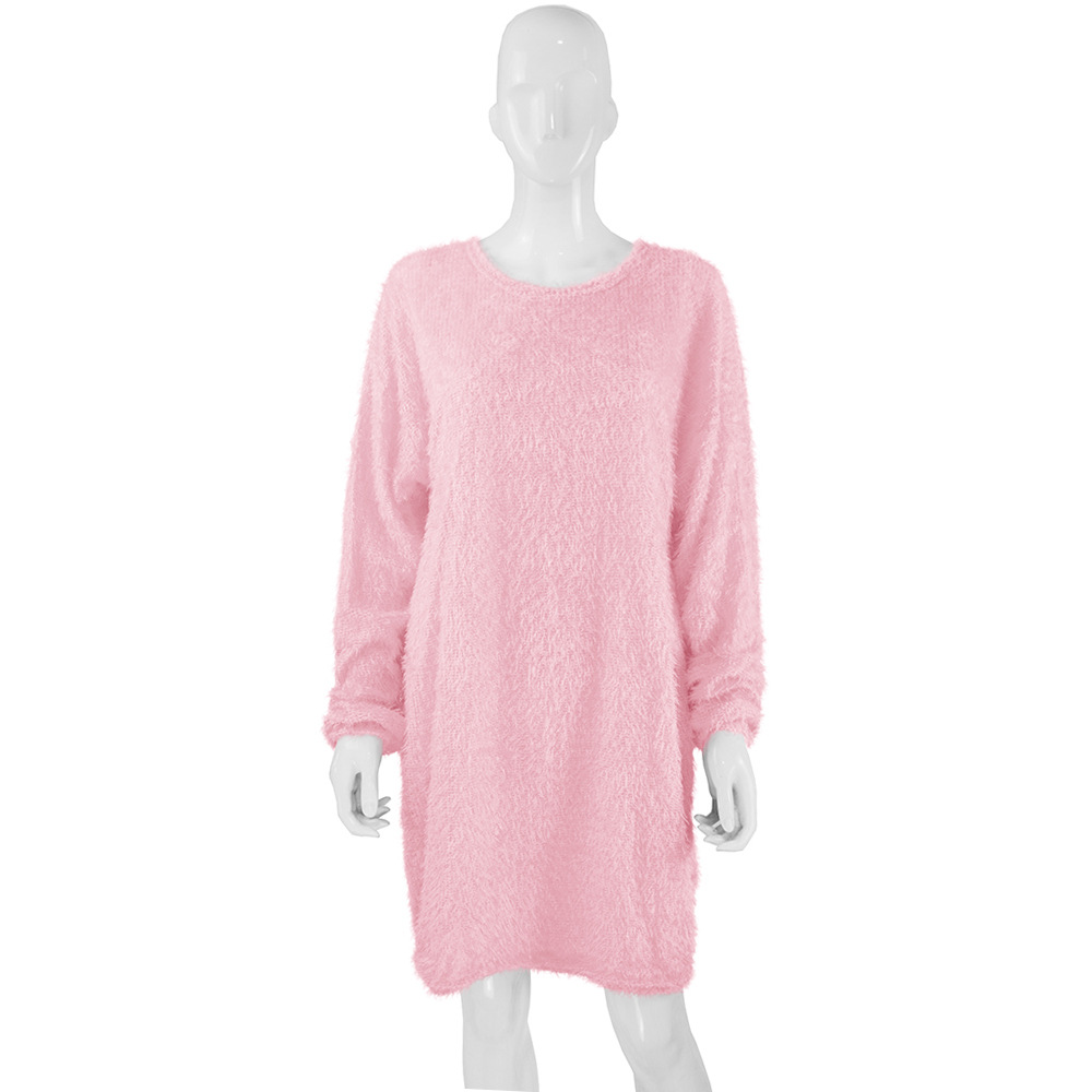 Long Sleeve Plush Midi Dress Loose Fit Round Neck Soft Fabric Fall Winter Fashion Wholesale Available