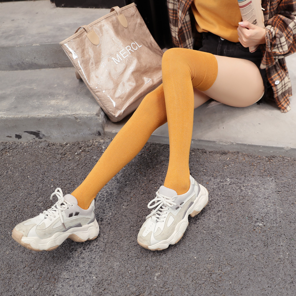 女士纯色过膝袜秋冬女袜日系长筒袜大腿袜学生棉高筒袜黑色长袜