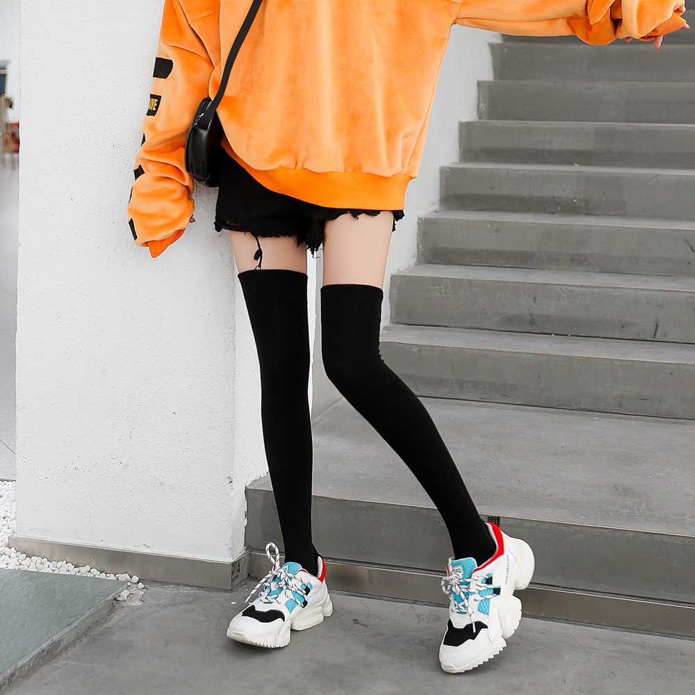 女士纯色过膝袜秋冬女袜日系长筒袜大腿袜学生棉高筒袜黑色长袜