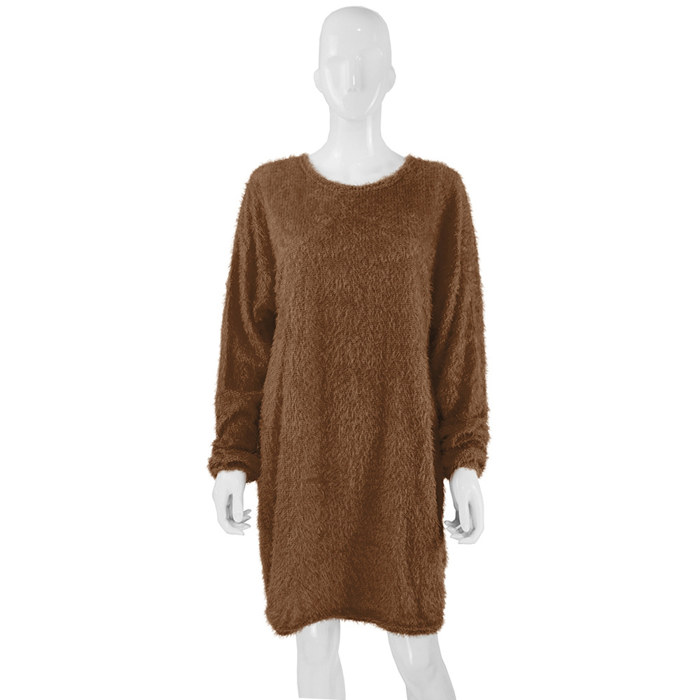 Long Sleeve Plush Midi Dress Loose Fit Round Neck Soft Fabric Fall Winter Fashion Wholesale Available