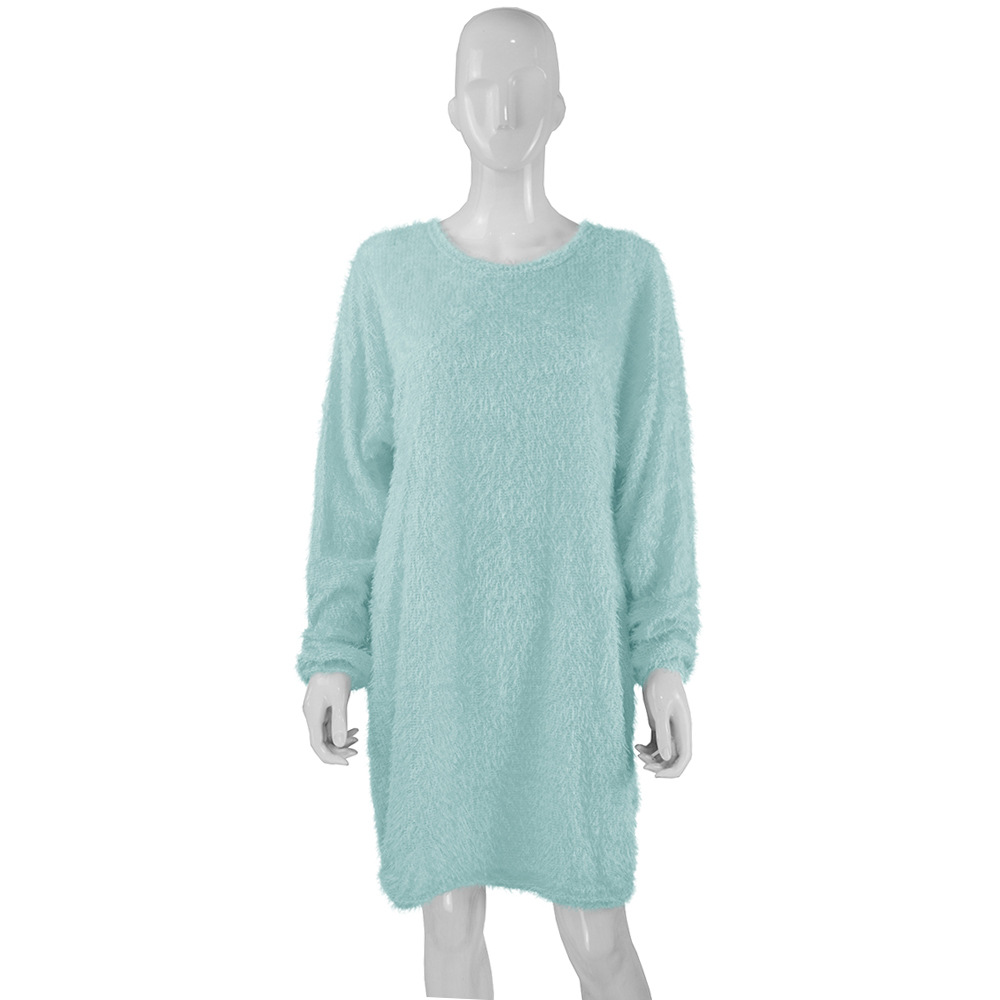 Long Sleeve Plush Midi Dress Loose Fit Round Neck Soft Fabric Fall Winter Fashion Wholesale Available