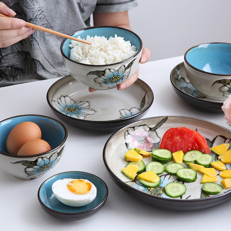 Yuquan Ceramic Creative Bowl and Dish Set Blue Flower Language Hand-Painted Noodle Bowl with Holes Ceramic Tableware Bowls and Plates Rice Bowl Tableware