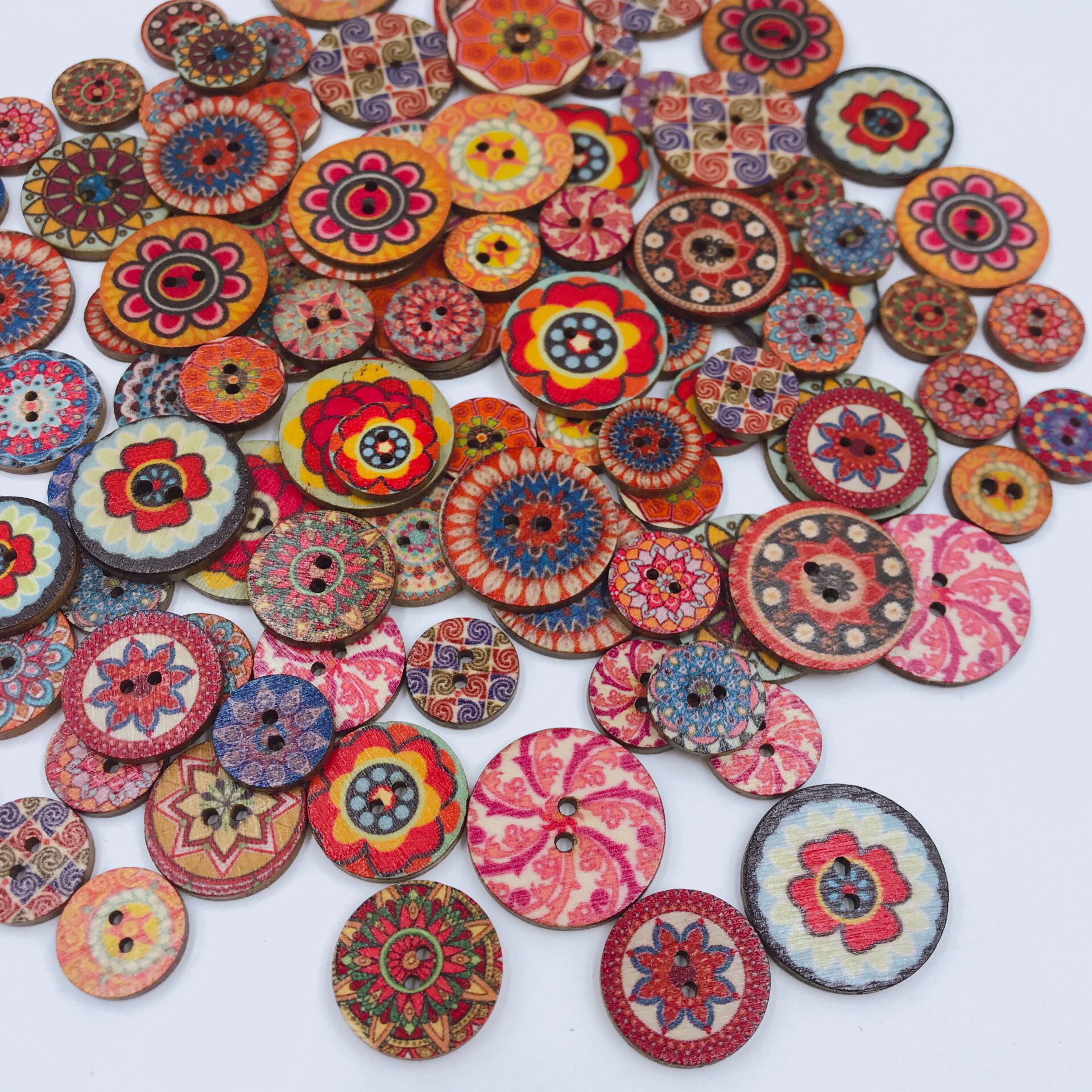15/20/25mm Retro Disc Wood Buttons Painted Printed Two-Eye Wooden Buttons DIY Handicraft Accessories