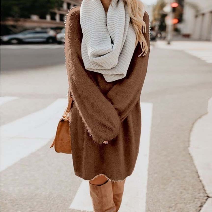 Long Sleeve Plush Midi Dress Loose Fit Round Neck Soft Fabric Fall Winter Fashion Wholesale Available