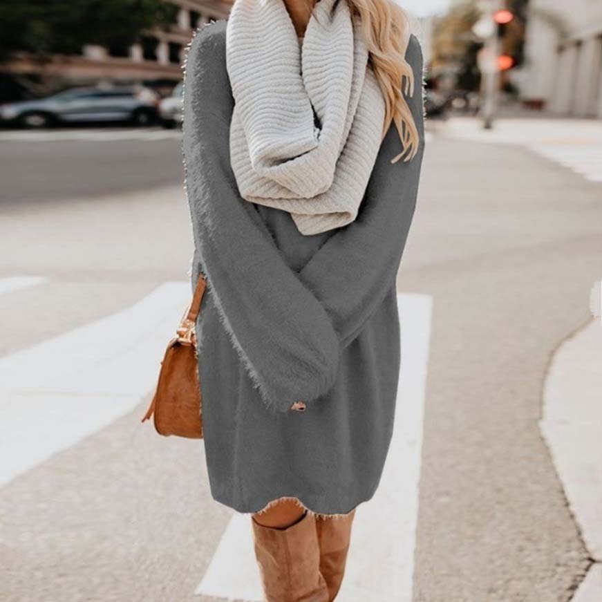 Long Sleeve Plush Midi Dress Loose Fit Round Neck Soft Fabric Fall Winter Fashion Wholesale Available