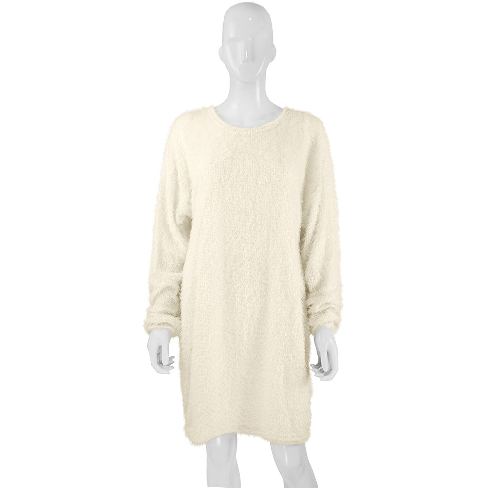 Long Sleeve Plush Midi Dress Loose Fit Round Neck Soft Fabric Fall Winter Fashion Wholesale Available