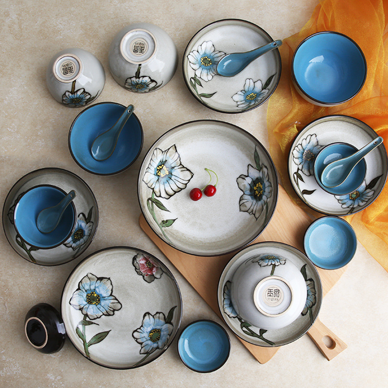 Yuquan Ceramic Creative Bowl and Dish Set Blue Flower Language Hand-Painted Noodle Bowl with Holes Ceramic Tableware Bowls and Plates Rice Bowl Tableware