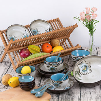 Yuquan Ceramic Creative Bowl and Dish Set Blue Flower Language Hand-Painted Noodle Bowl with Holes Ceramic Tableware Bowls and Plates Rice Bowl Tableware