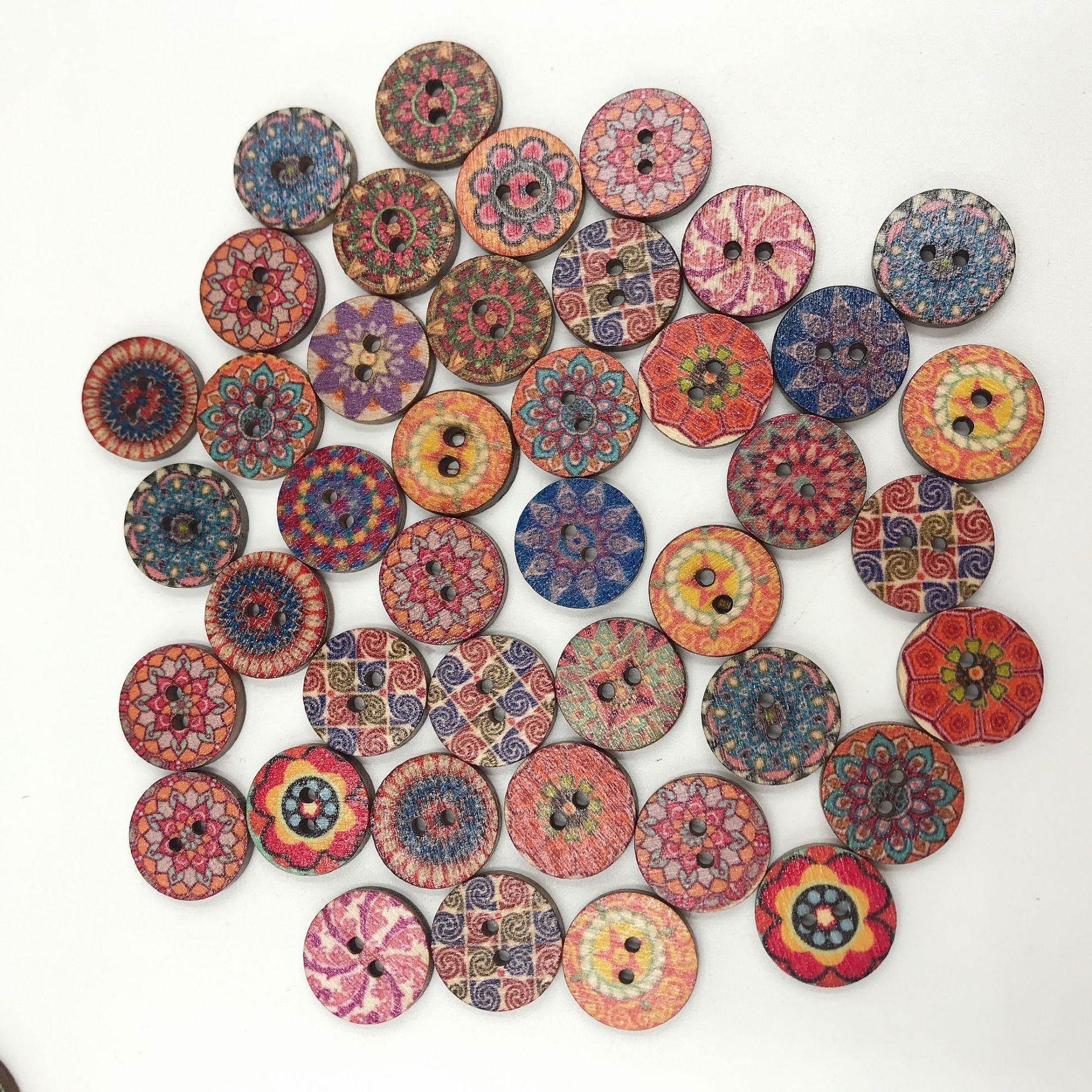 15/20/25mm Retro Disc Wood Buttons Painted Printed Two-Eye Wooden Buttons DIY Handicraft Accessories