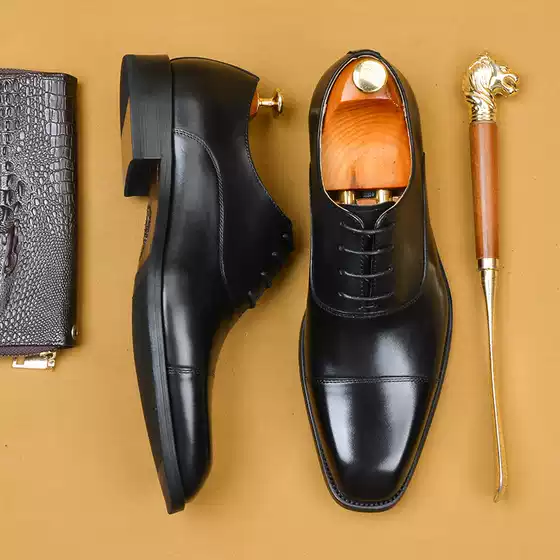 [VIP Exclusive] British Three-Eyelet Leather Shoes Men's Business Formal Genuine Leather Square-Toe Oxford Shoes Groom Wedding Shoes