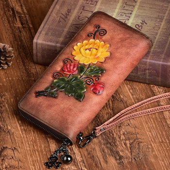 Factory Direct Sales New Anti-Theft Wallet for Women, Vegetable-Tanned Leather, Women's Zipper Bag, Vintage Embossed Color-Washed High-End Practical