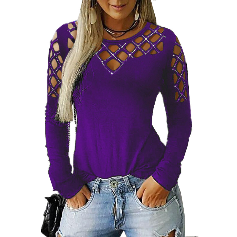 Lace Hollow Out Long Sleeve T Shirt Rhinestone Embellished Autumn Winter Fashion Wholesale Available