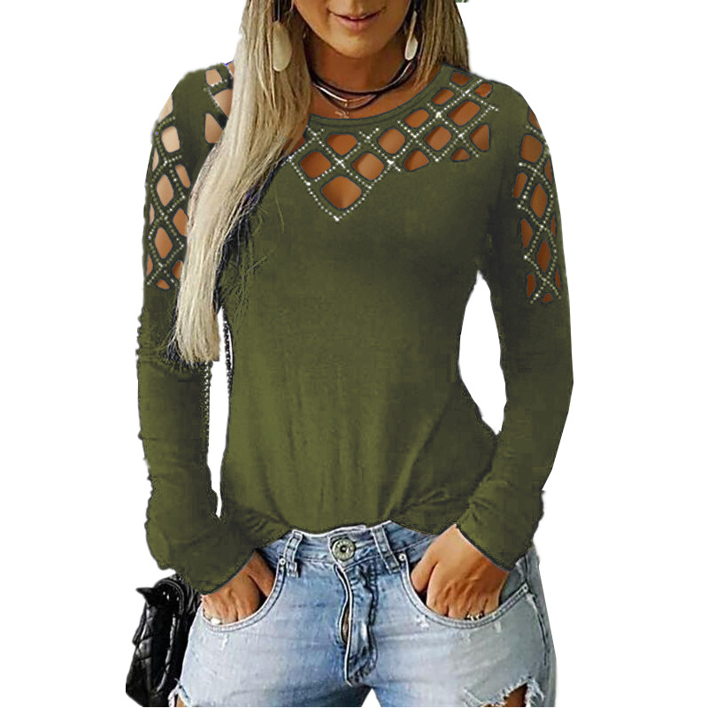 Lace Hollow Out Long Sleeve T Shirt Rhinestone Embellished Autumn Winter Fashion Wholesale Available