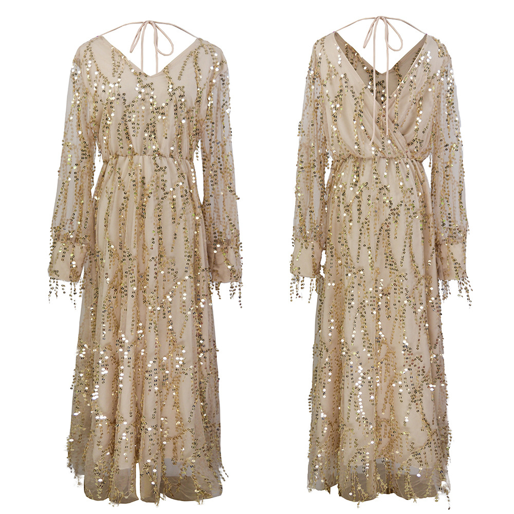 Long Sleeve Sequin Fringe Maxi Dress for Women Elegant Spring Summer Style Perfect for Parties and Events Wholesale