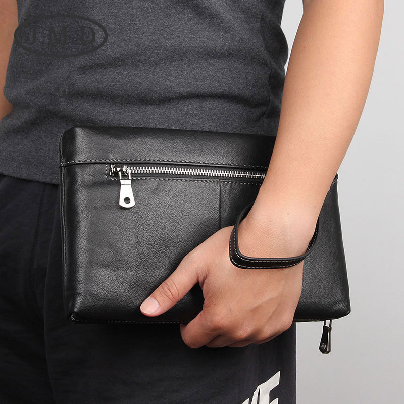 Túi clutch nam da bò thật cầm tay đa năng có khóa kéo — Màu đen cỡ lớn