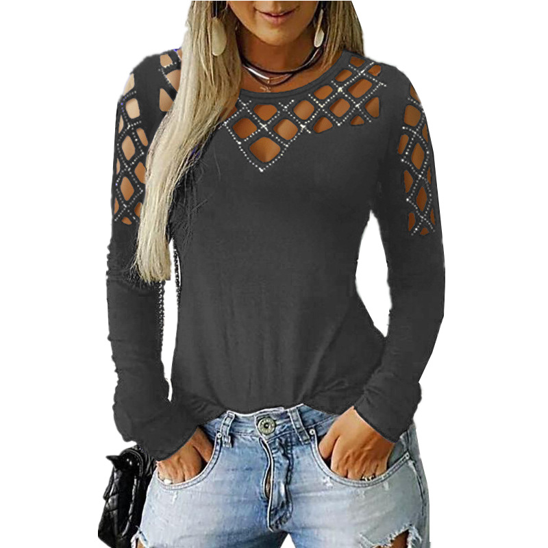 Lace Hollow Out Long Sleeve T Shirt Rhinestone Embellished Autumn Winter Fashion Wholesale Available