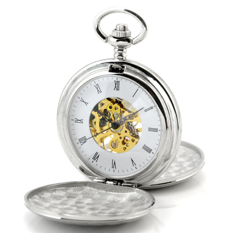 Metal White Polished Double Open Cover Mechanical Pocket Watch Retro Glossy Student Gift Commemorative Pocket Watch