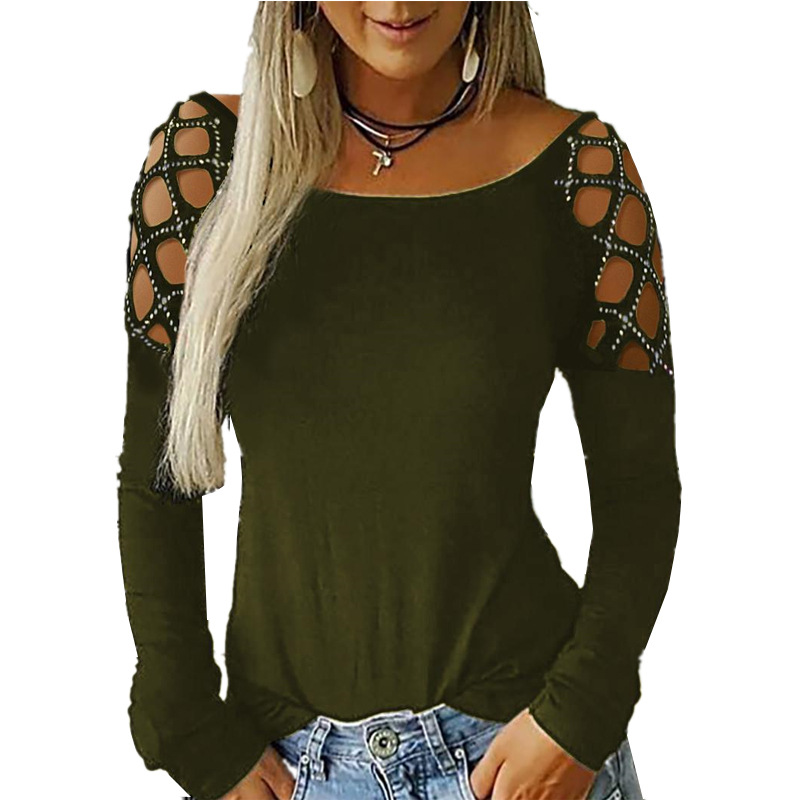 Long Sleeve T Shirt Round Neck Hollow Out Rhinestone Detail Autumn Winter Womens Fashion Wholesale Available