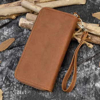 Men's Crazy Horse Leather Long Wallet Genuine Leather Double Zipper Wallet Multi-Card Calf Leather Clutch Large Capacity Mobile Phone Bag