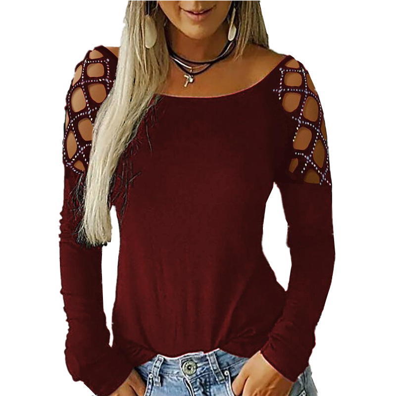Long Sleeve T Shirt Round Neck Hollow Out Rhinestone Detail Autumn Winter Womens Fashion Wholesale Available