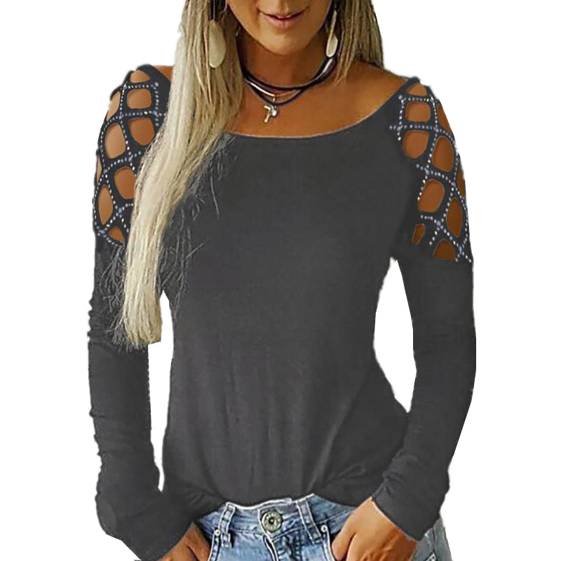 Long Sleeve T Shirt Round Neck Hollow Out Rhinestone Detail Autumn Winter Womens Fashion Wholesale Available