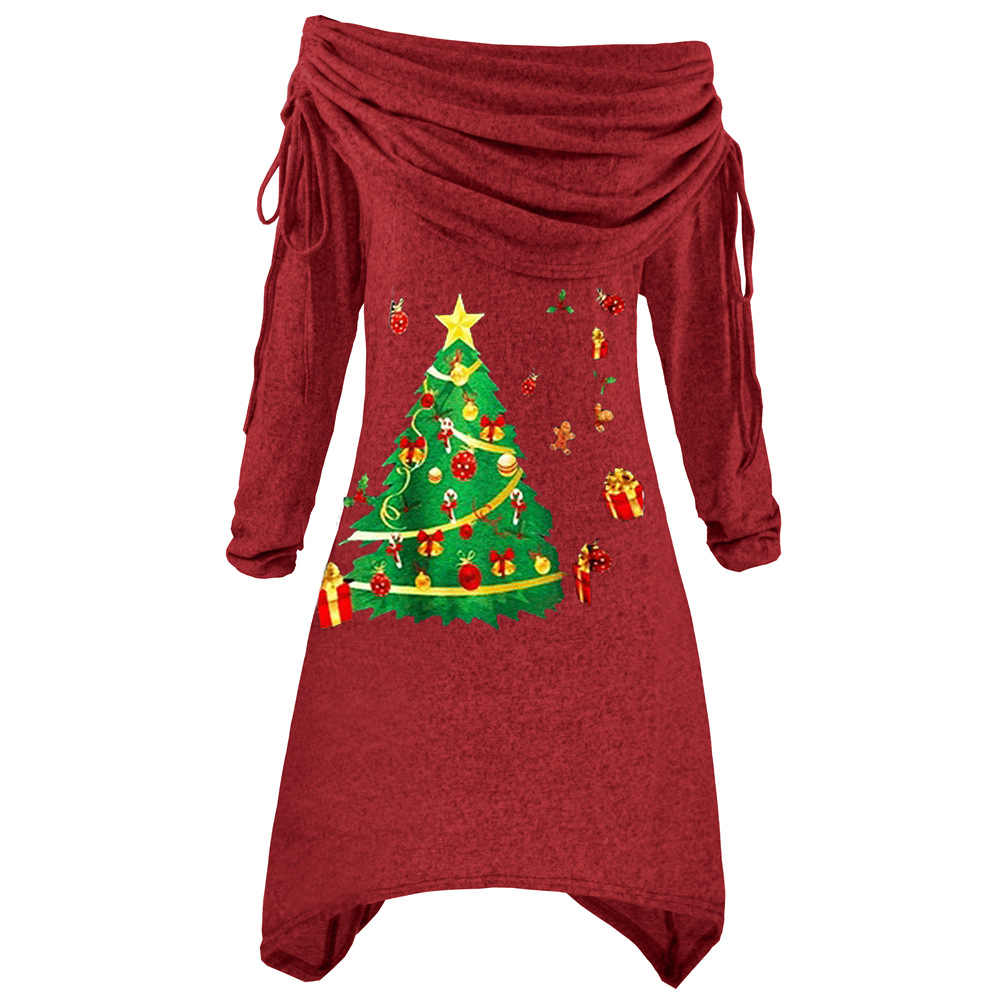 Plus Size Womens Long Sleeve Christmas Tree Print Ruffled Neck Irregular Hem Drawstring Knit Dress Autumn Winter Fashion