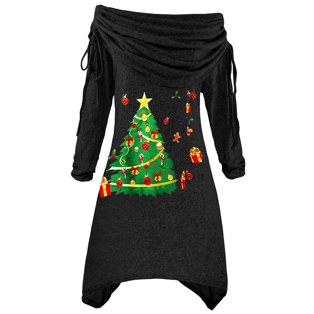Plus Size Womens Long Sleeve Christmas Tree Print Ruffled Neck Irregular Hem Drawstring Knit Dress Autumn Winter Fashion