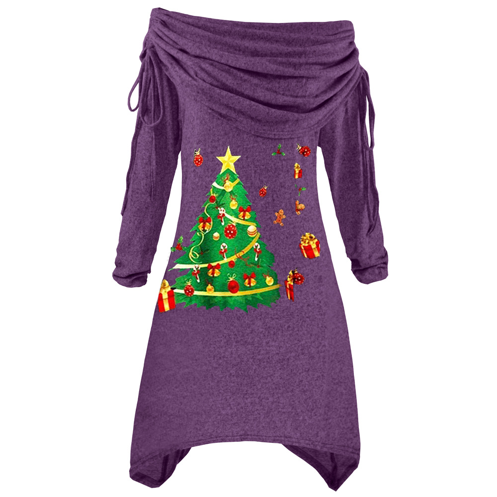 Plus Size Womens Long Sleeve Christmas Tree Print Ruffled Neck Irregular Hem Drawstring Knit Dress Autumn Winter Fashion