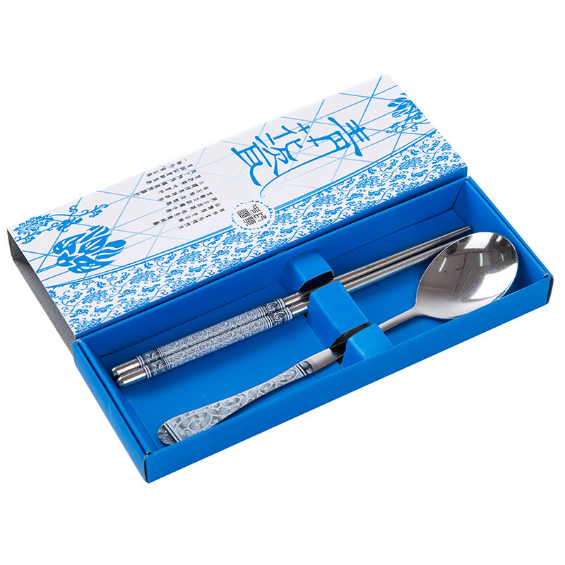 Blue and white porcelain stainless steel tableware set two-piece fork chopsticks spoon activities small gifts wholesale printable logo
