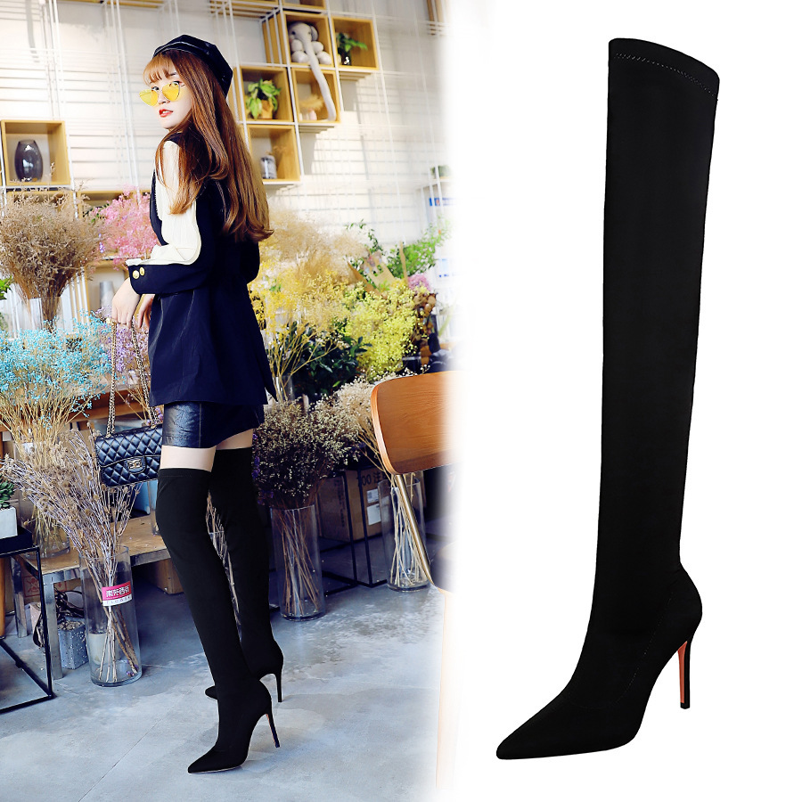 Boot nữ cổ cao qua gối mũi nhọn gót nhọn co giãn ôm chân — 315-9 đen 9.5CM, 315-A9 Đen 8.5CM