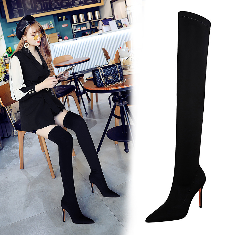 Boot nữ cổ cao qua gối mũi nhọn gót nhọn co giãn ôm chân — 315-9 đen 9.5CM, 315-A9 Đen 8.5CM