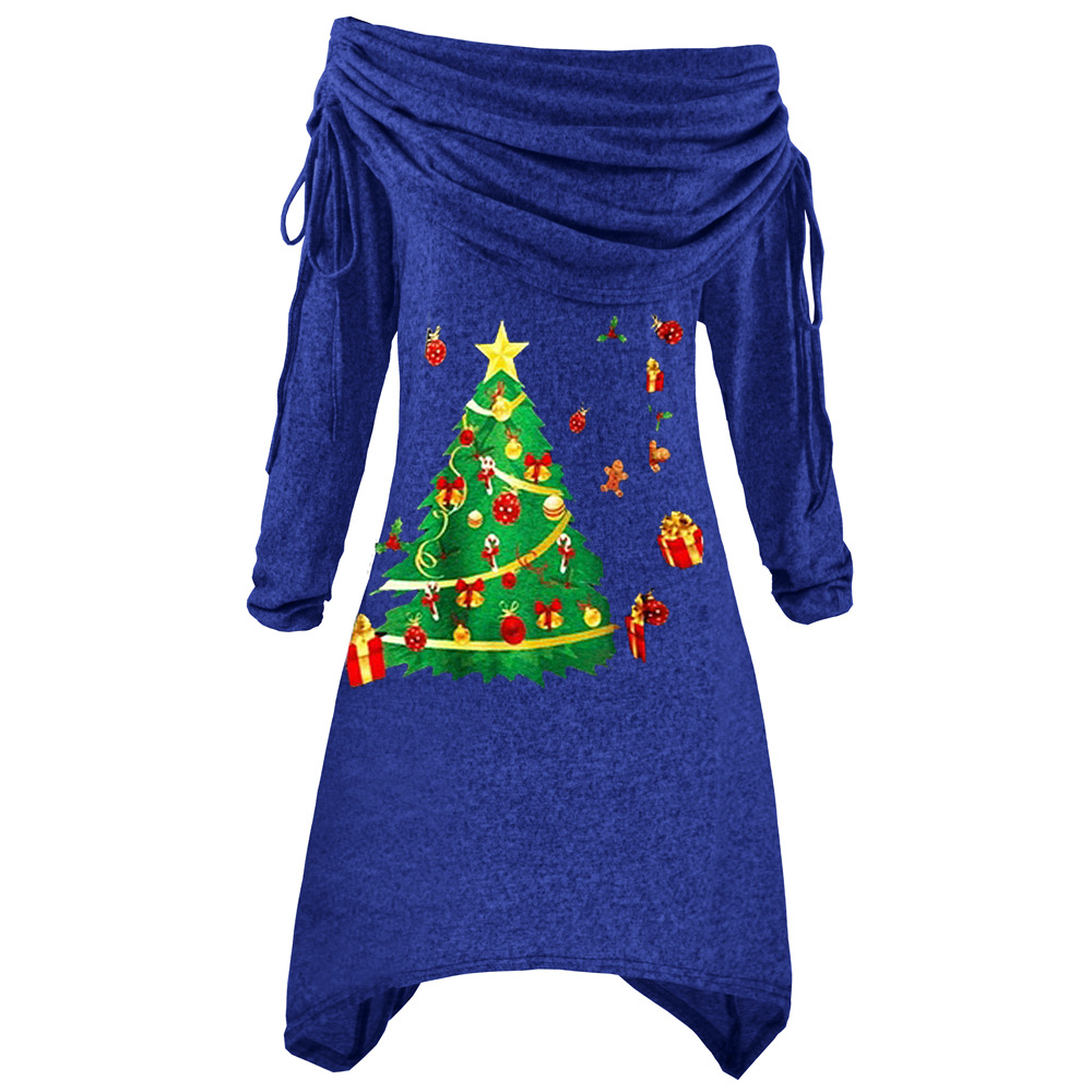 Plus Size Womens Long Sleeve Christmas Tree Print Ruffled Neck Irregular Hem Drawstring Knit Dress Autumn Winter Fashion