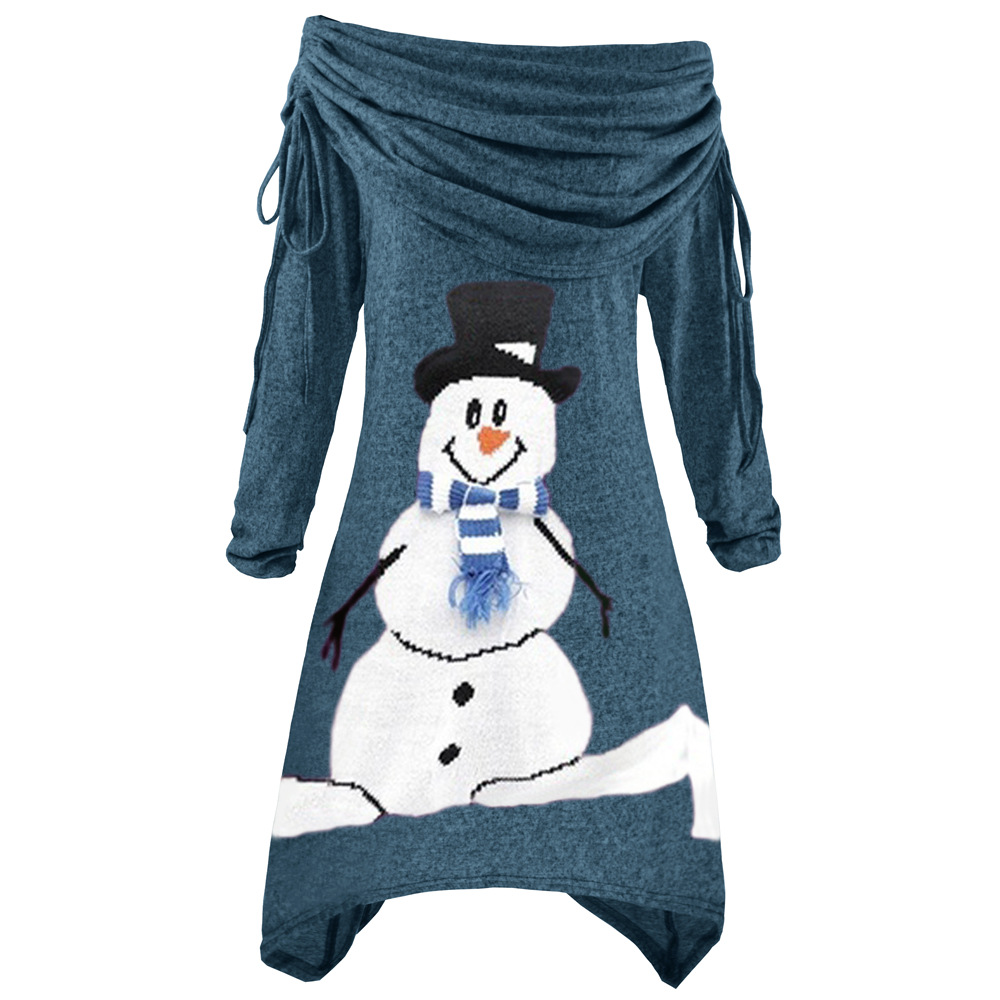 Womens Christmas Snowman Print Dress Pleated Collar Asymmetrical Hem Drawstring Design Perfect for Fall and Winter