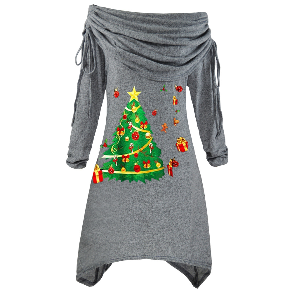 Plus Size Womens Long Sleeve Christmas Tree Print Ruffled Neck Irregular Hem Drawstring Knit Dress Autumn Winter Fashion