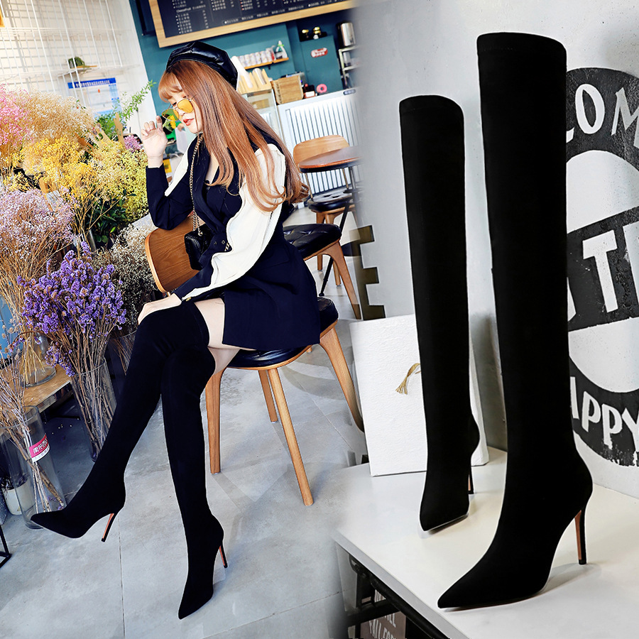 Boot nữ cổ cao quá gối gót nhọn mũi nhọn chất liệu nhung ôm chân — Đen lót một lớp, Màu đen lót nhung