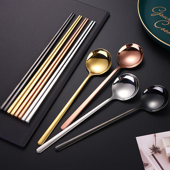 304 stainless steel spoon Korean round spoon household eating spoon spoon spoon long handle titanium-plated Golden bibimbap spoon customization
