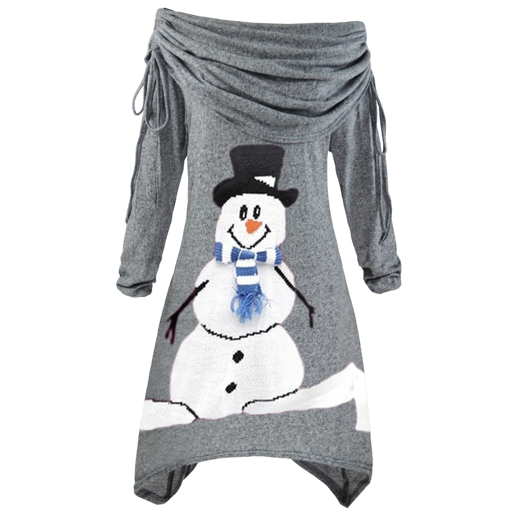Womens Christmas Snowman Print Dress Pleated Collar Asymmetrical Hem Drawstring Design Perfect for Fall and Winter