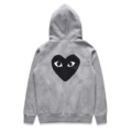 Front small black heart fleece-lined gray pullover back big black heart