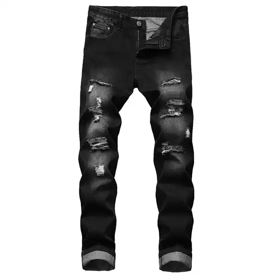 Cross-border Men's Ripped Straight Slim-fit Non-elastic Jeans Ripped Men's Light Denim Trousers Amazon Denim