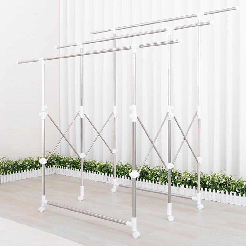 Floor-Standing Foldable Stainless Steel Balcony Clothes Drying Rack, Adjustable Height, Movable Clothes Rod, Foldable Clothes Drying Rack