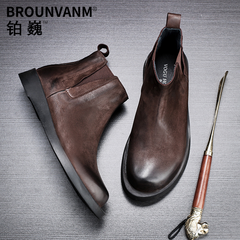 Men’s Genuine Leather Retro British Platform Ankle Chelsea Boots