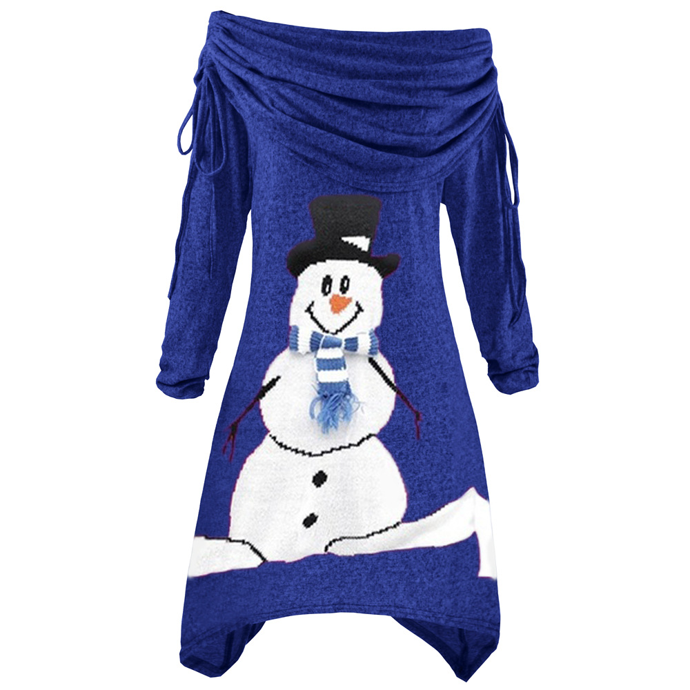 Womens Christmas Snowman Print Dress Pleated Collar Asymmetrical Hem Drawstring Design Perfect for Fall and Winter