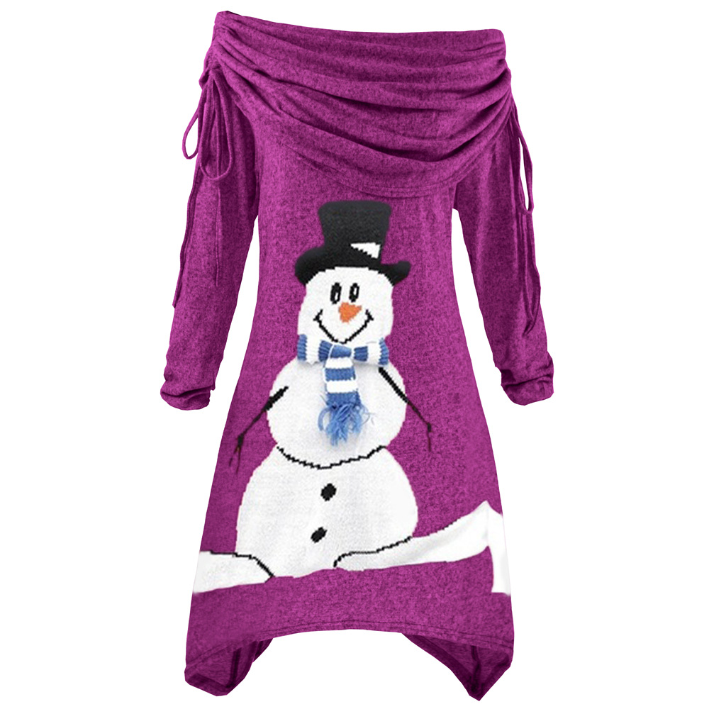 Womens Christmas Snowman Print Dress Pleated Collar Asymmetrical Hem Drawstring Design Perfect for Fall and Winter