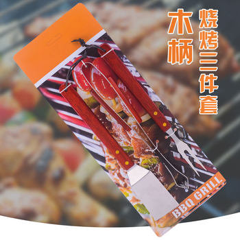 Amazon Hot Barbecue Tools Combination Set BBQ Baking Tool Three-piece Set Stainless Steel Wooden Handle Fork Shovel Clip Baking Tool