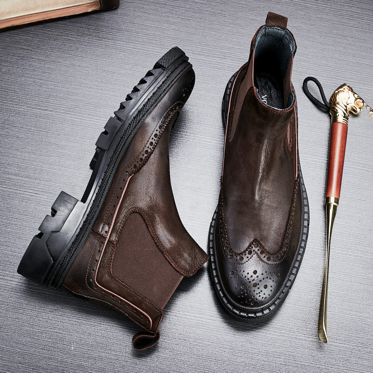 Men’s Genuine Leather Retro Brogue Fleece-Lined Platform Chelsea Boots