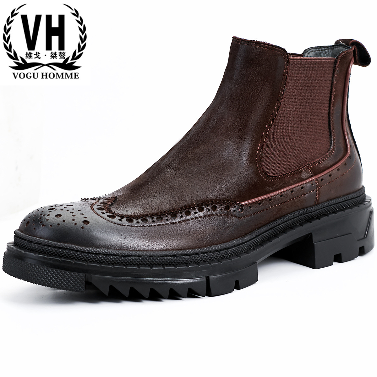 Men’s Genuine Leather Retro Brogue Fleece-Lined Platform Chelsea Boots