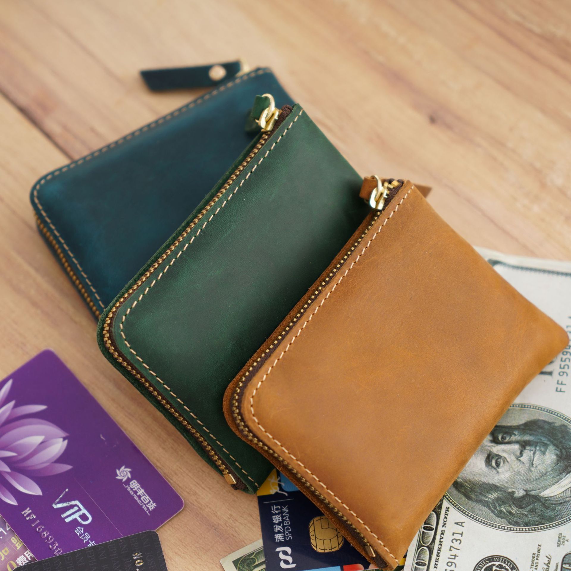 Casual Card Holder Handmade Genuine Leather Short Retro Crazy Horse Leather Zipper Wallet First Layer Cowhide Wallet Export Spot