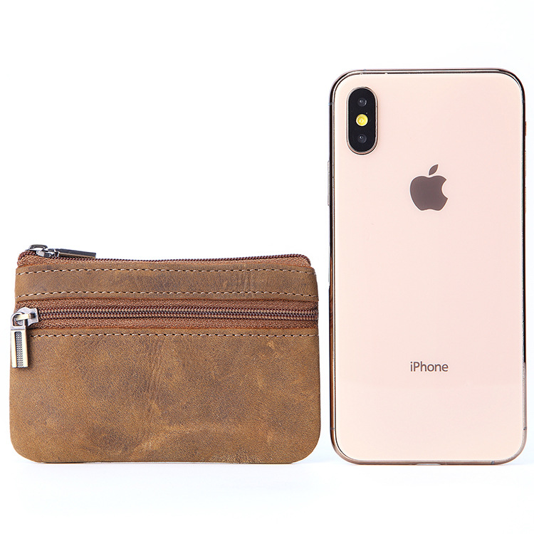 Foreign Trade Supply Leather Coin Purse for Women, Coin Storage Bag, Crazy Horse Leather Zipper Key Bag, Card Holder, Wear-Resistant