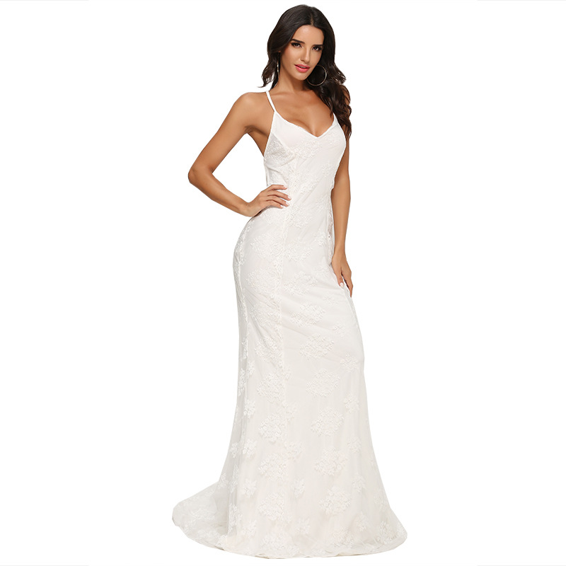 Elegant V Neck Maxi Dress Sexy Spaghetti Straps Train Detail Perfect for Weddings Wholesale Available