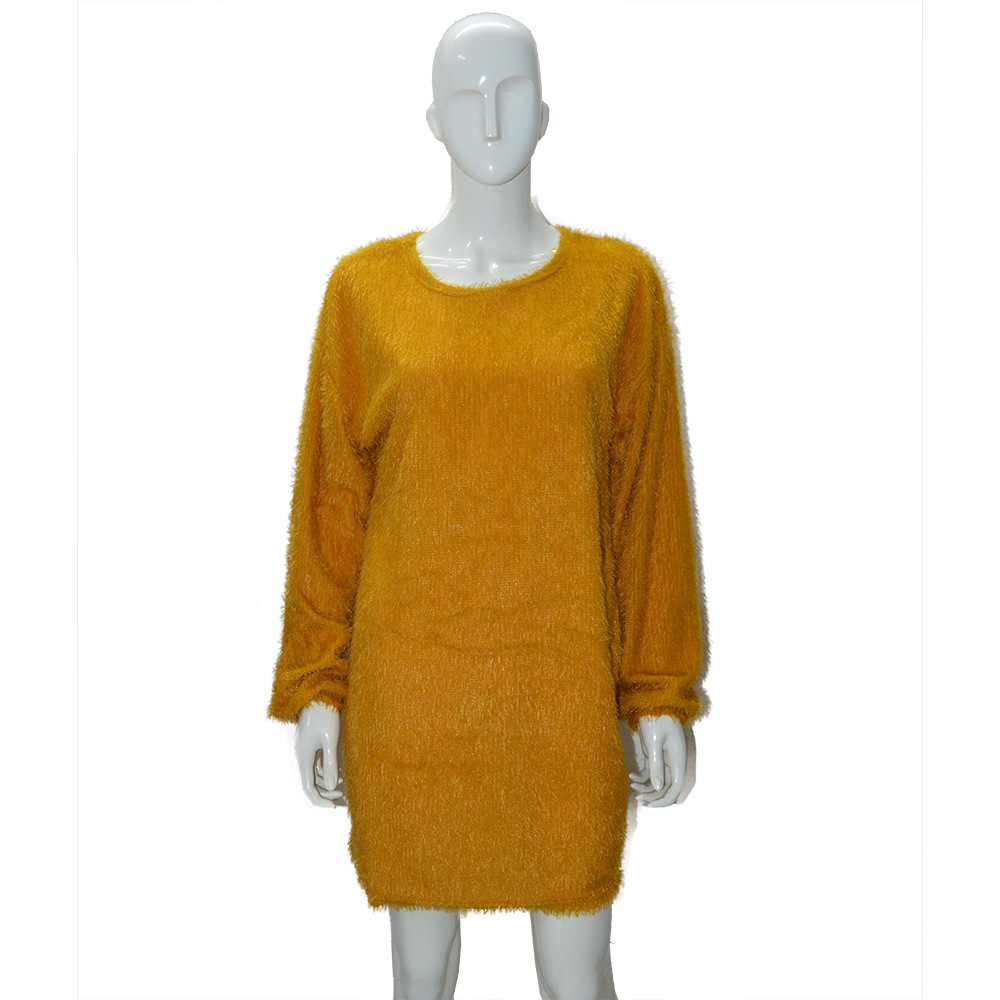 Long Sleeve Plush Midi Dress Loose Fit Round Neck Soft Fabric Fall Winter Fashion Wholesale Available